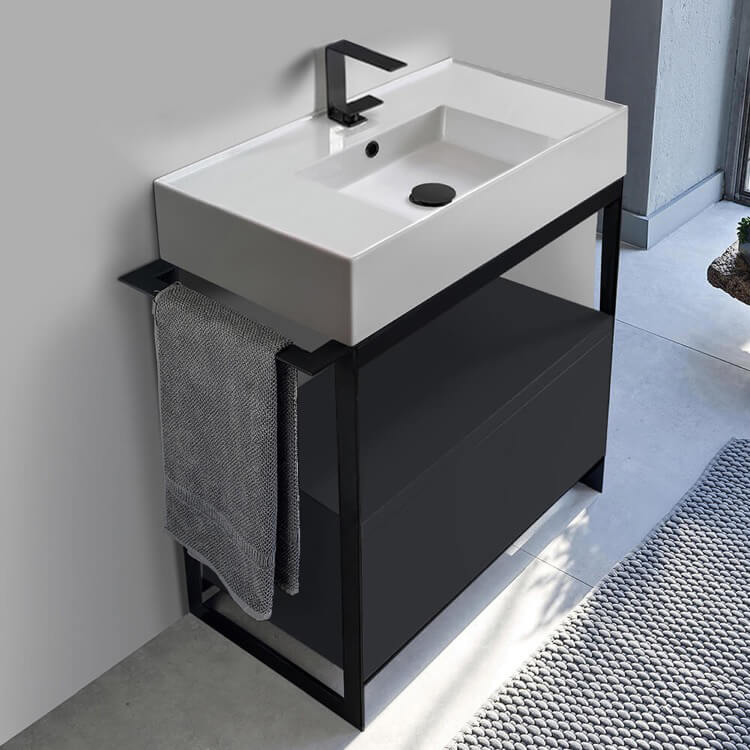 Scarabeo 5123-SOL1-49-One Hole Console Sink Vanity With Ceramic Sink and Matte Black Drawer